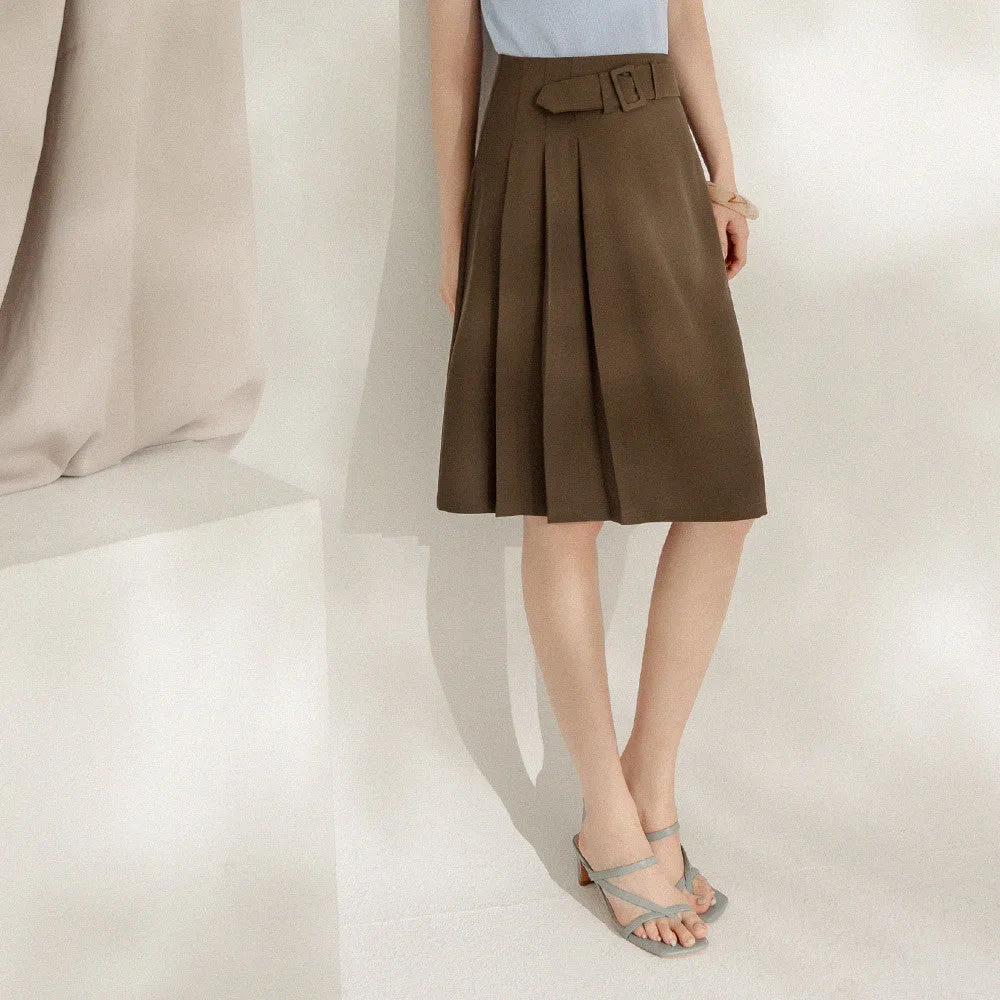 Work Buckle Belt Pleated A-Line Skirt